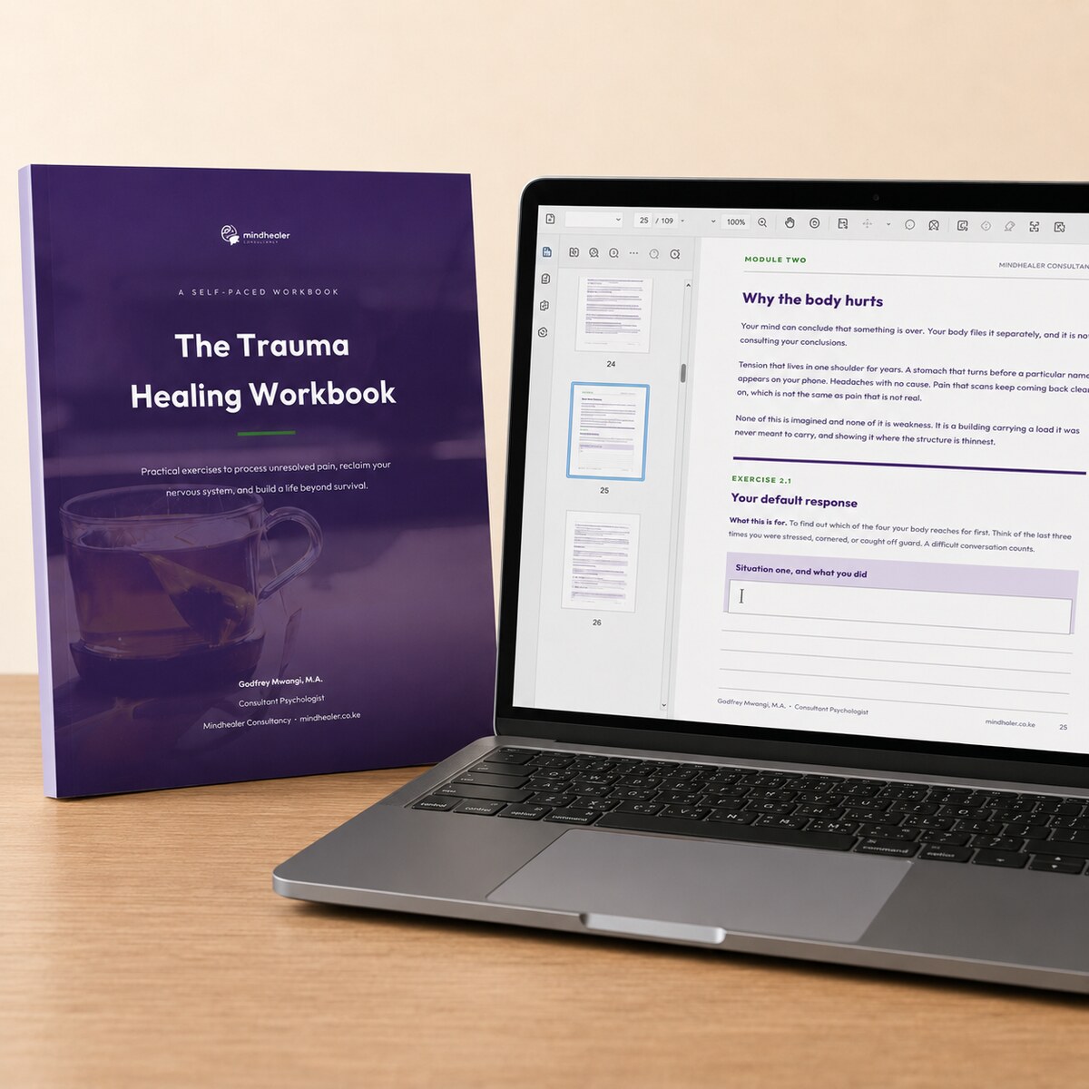 The Trauma Healing Workbook shown beside the fillable version open on a laptop